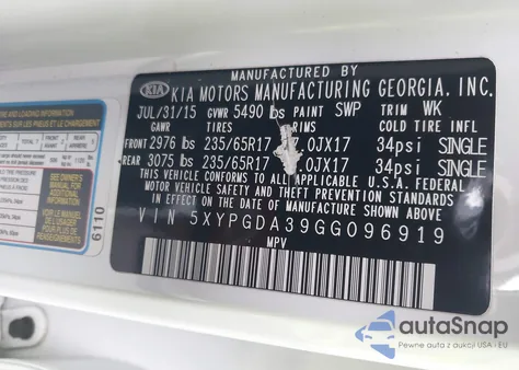 2016 Kia Sorento 2.4L Lx z USA, uszkodzony, nr VIN 5XYPGDA39GG096919